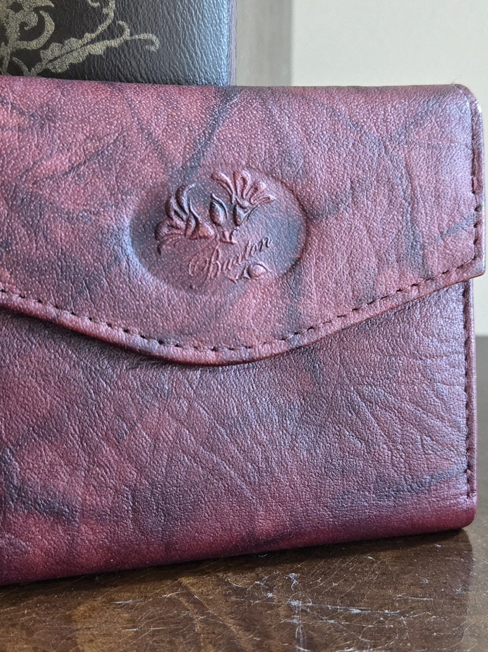Buxton Maroon Leather Flap Wallet with Subtle Black Marbling VINTAGE